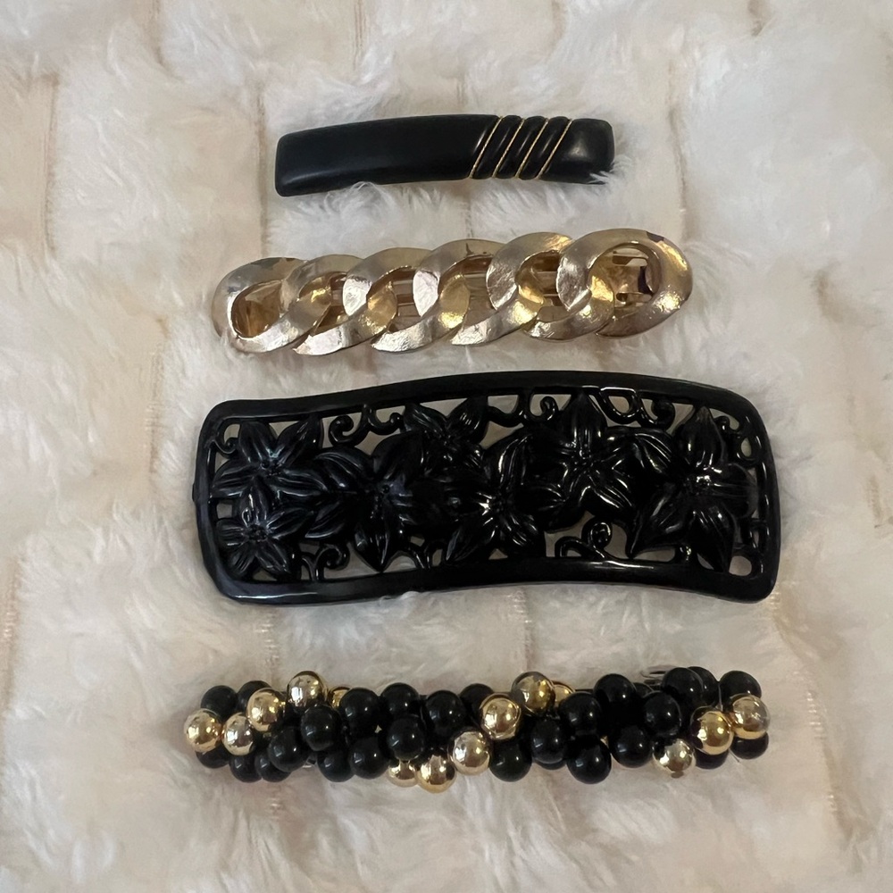Vintage 80s 90s Barrettes Lot Goody France Gold Chain Black Clips - Picture 11 of 11